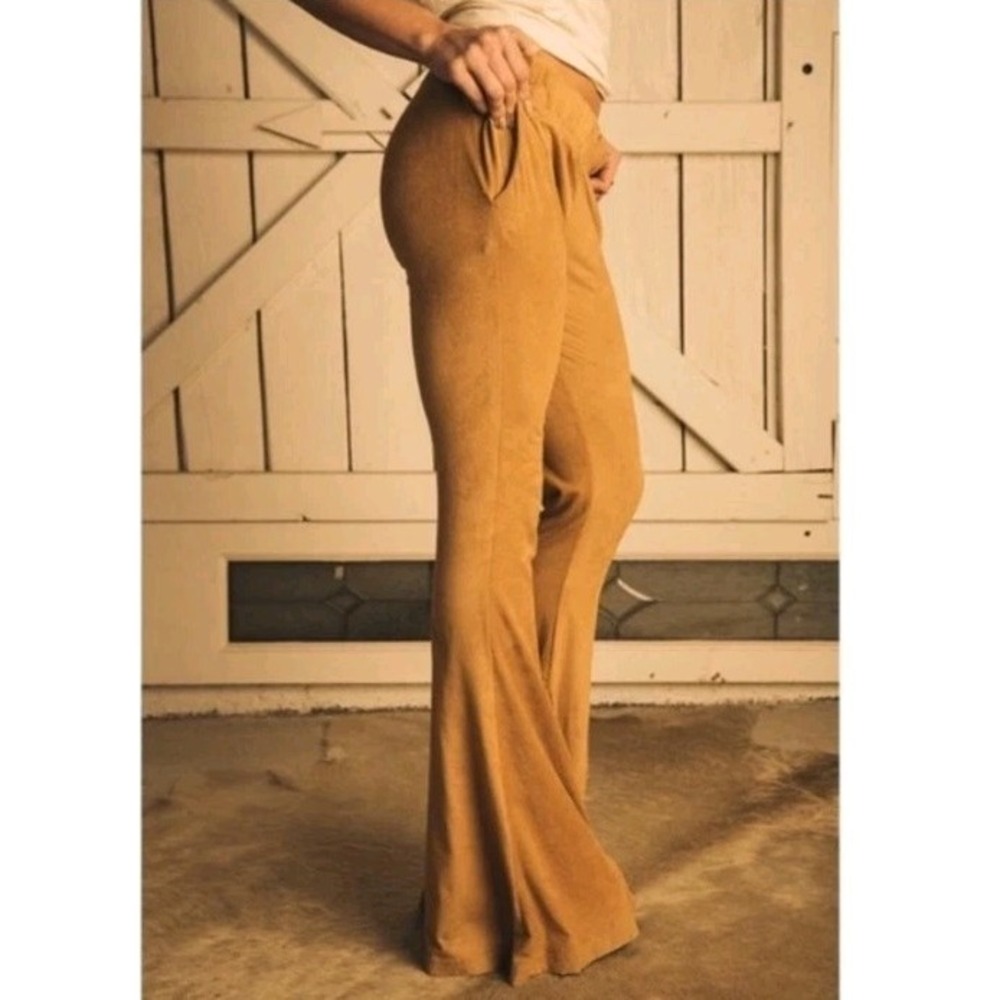 Tribe Kelley L Pants Faux Suede Camel Western Pockets Flare Leg Equestrian Soft